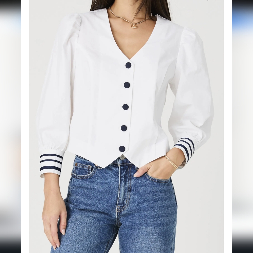 French Connection White Puff Sleeve Blouse with Sailor Collar